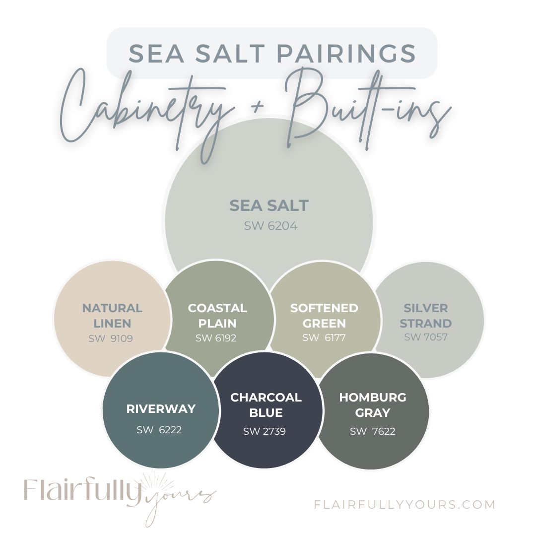 Sea Salt wall with cabinetry and built-in color pairings including Natural Linen, Coastal Plain, Softened Green, Silver Strand, Riverway, Charcoal Blue, and Homburg Gray