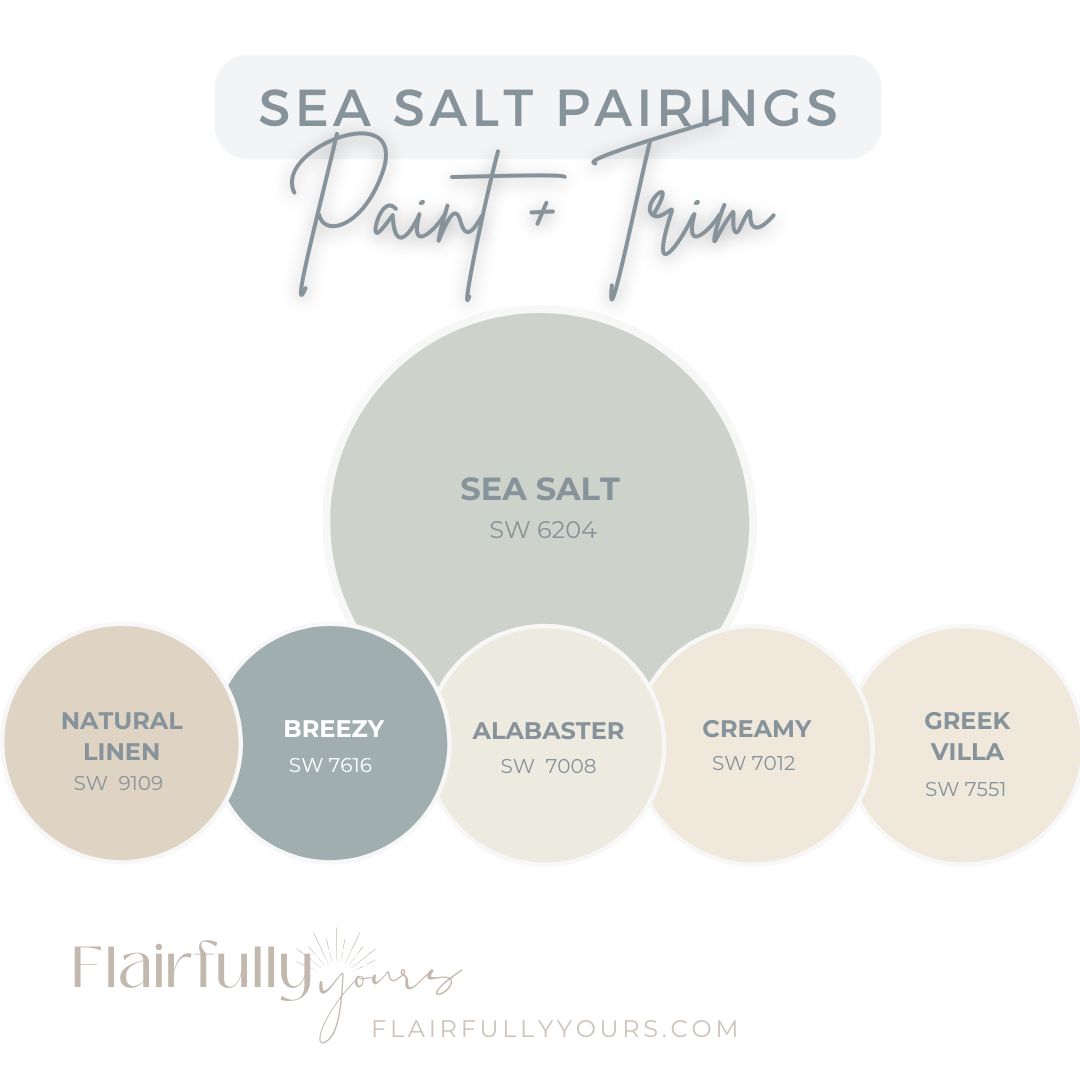 Sea Salt wall with paint and trim pairings including Natural Linen, Breezy, Alabaster, Creamy, and Greek Villa