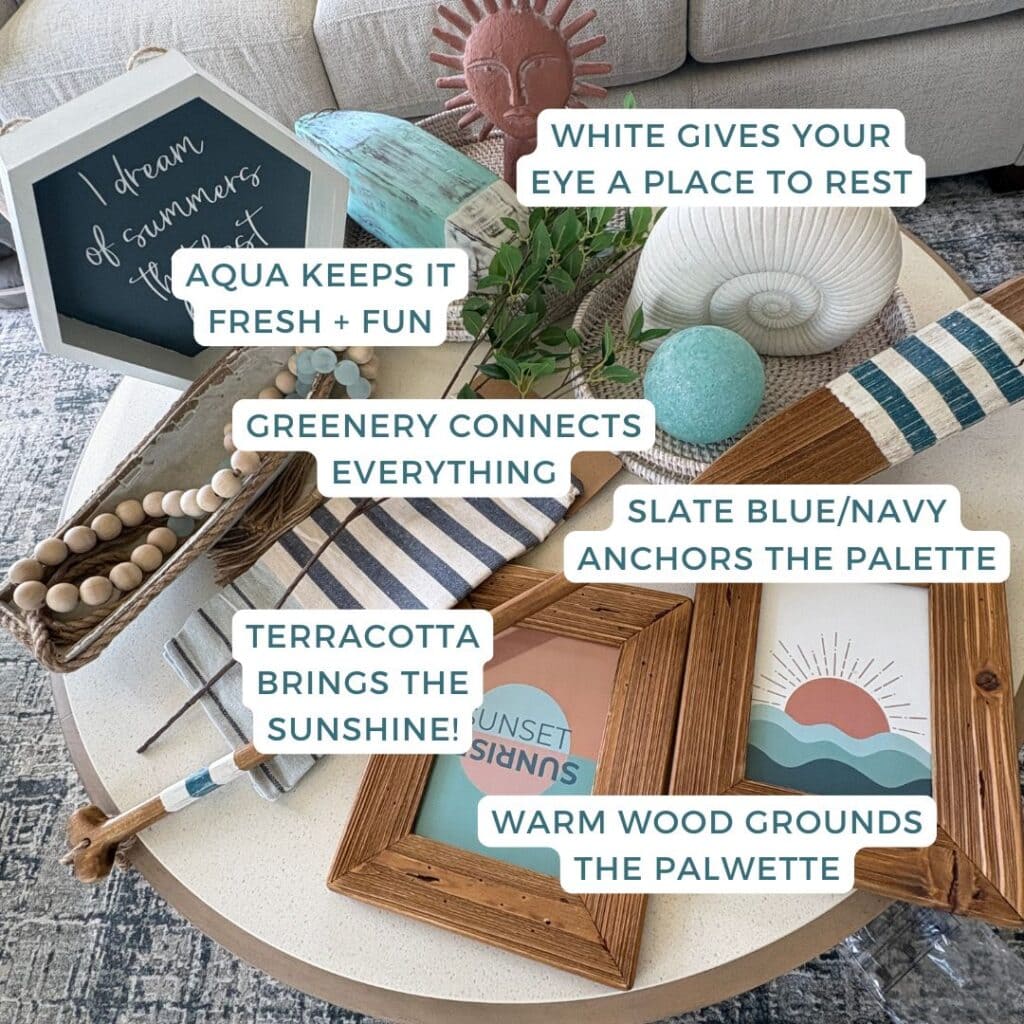 Learn how to decorate with a cohesive coastal or lake house color palette by identifying repeated colors, textures, and natural materials in this curated decor collection.