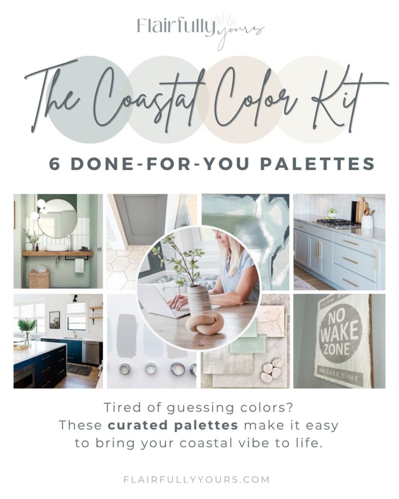 Cover of the Coastal Color Kit showing six done-for-you palettes with Sea Salt SW 6204, coordinating blues, neutrals, and textures for calm coastal decor