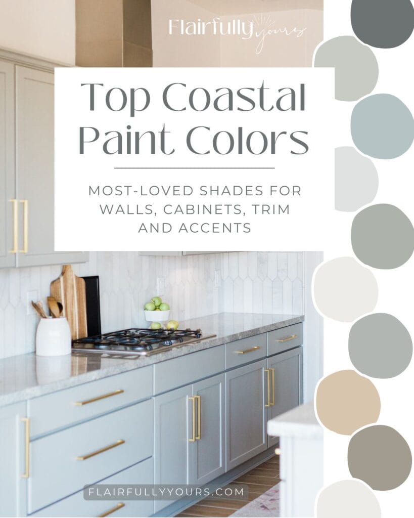 Cover of the Top Coastal Colors guide featuring popular paint shades for walls, trim, cabinets, and accents, including Sea Salt SW 6204