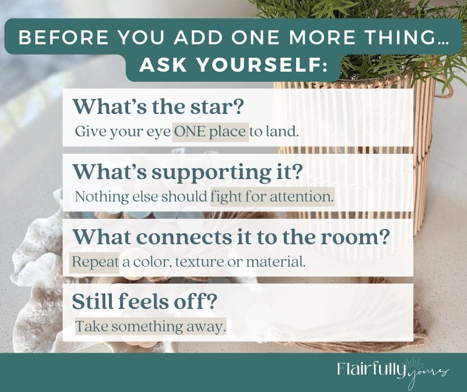 Round coffee table decor ideas cheat sheet with four questions to help you choose an anchor, connect your decor and know when to remove something.