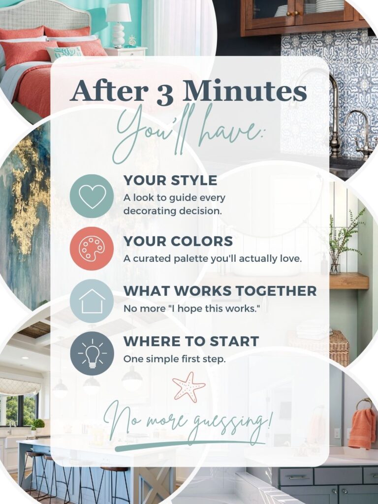 Coastal decorating style quiz results showing your decorating style, curated coastal color palette, decorating guidance, and first decorating step.