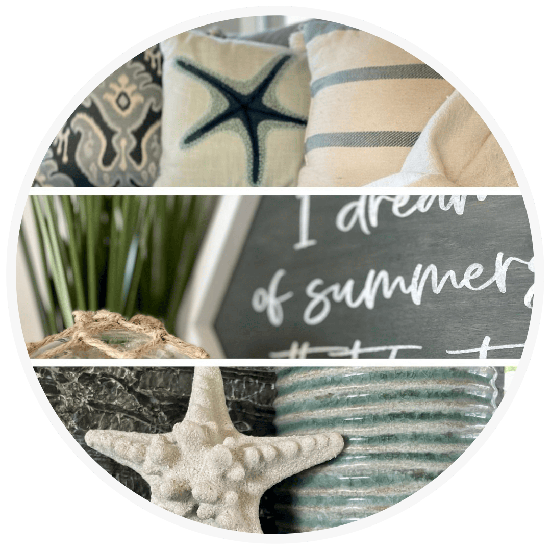 Coastal home decor collage featuring starfish pillows, sea glass accents and relaxed coastal-inspired styling.