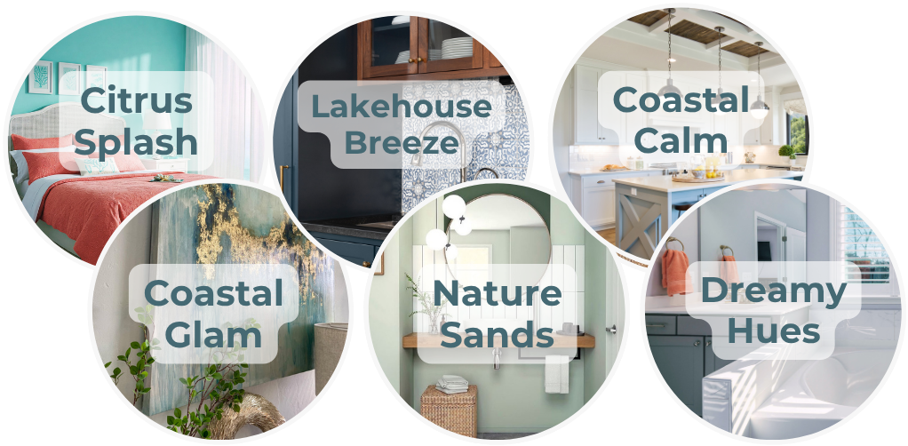 Six coastal decorating styles featuring Citrus Splash, Lakehouse Breeze, Coastal Calm, Coastal Glam, Nature Sands, and Dreamy Hues.