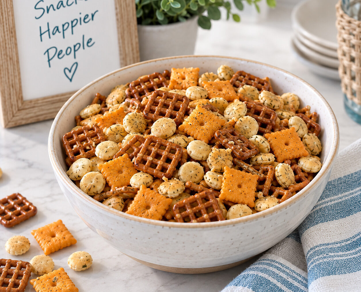 Homemade Dilly Ranch snack mix with pretzels, crackers and dill served in a large bowl.