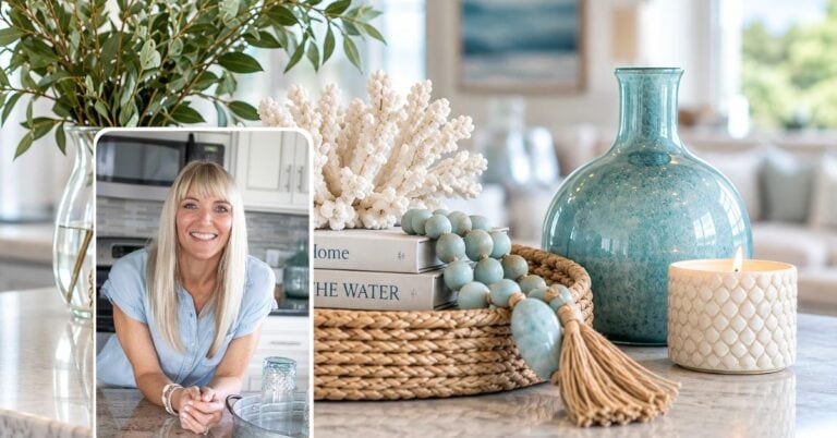 Wendy of Flairfully Yours with coastal home finishing touches in aqua, white and natural textures.