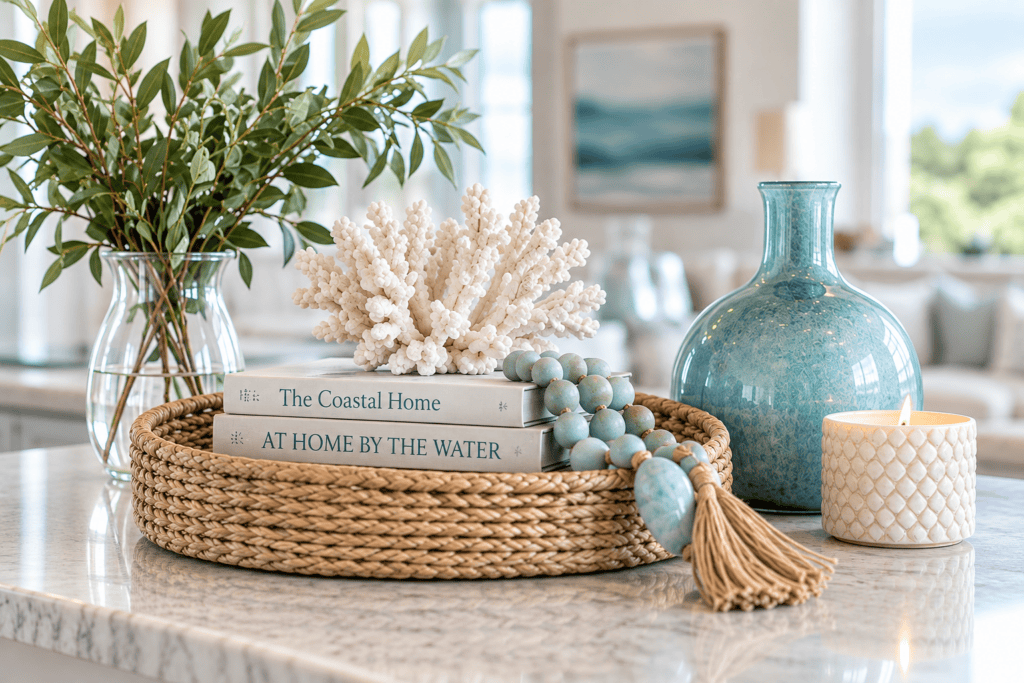 Coastal coffee table styled with a coral bowl, aqua decorative beads, woven vase and greenery.