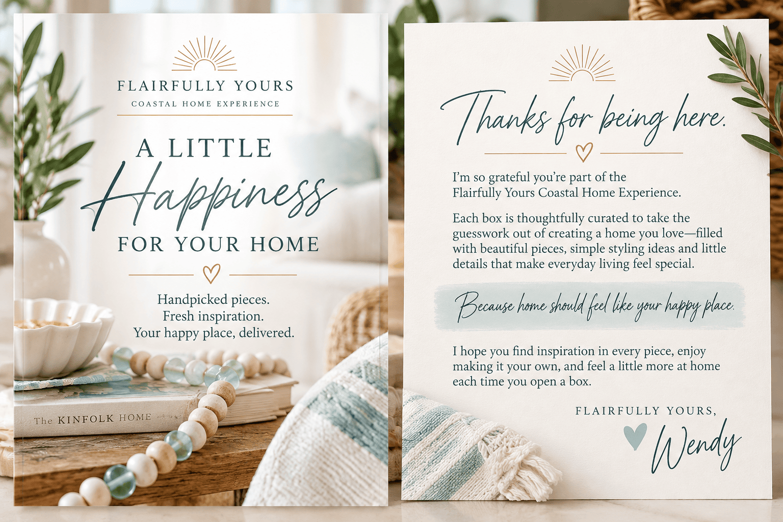 Front and back of the Flairfully Yours Coastal Home Experience welcome card, featuring coastal-inspired décor, aqua accents, and a personal thank-you message from Wendy.