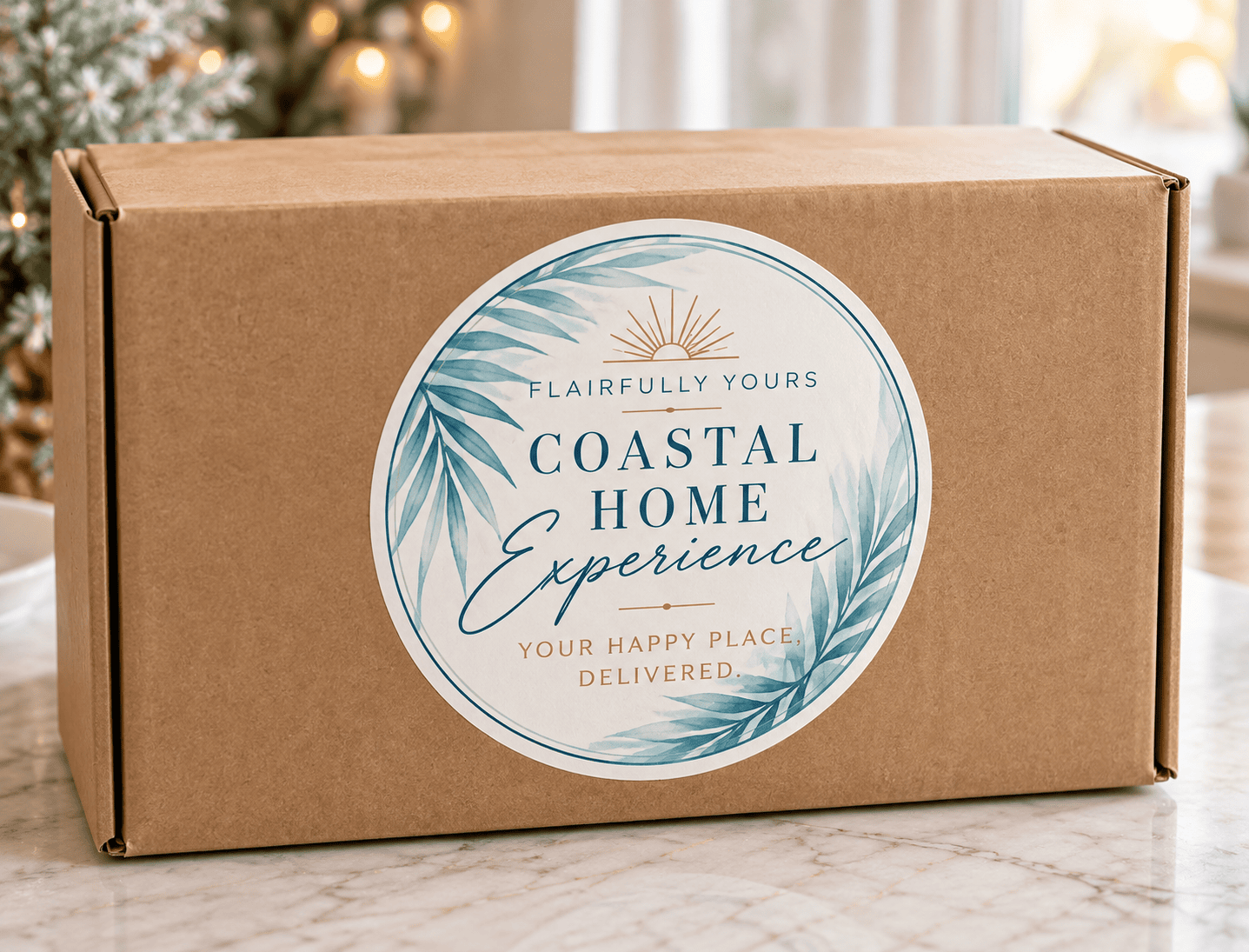 Flairfully Yours Coastal Home Experience subscription box in kraft packaging with a branded aqua botanical label, styled in a cozy holiday setting.