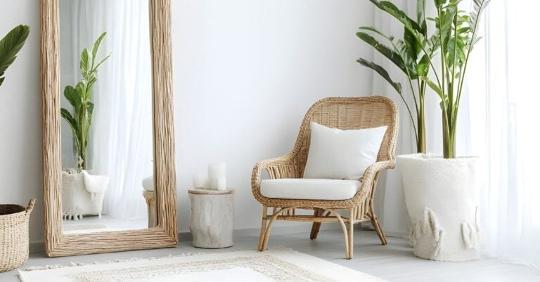 Bright coastal-inspired living room with a large natural wood mirror, wicker accent chair, white cushions, tropical greenery and neutral woven textures.